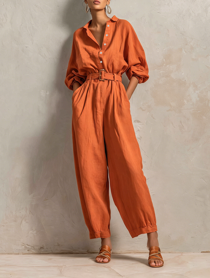Women's Minimalist Cotton-Linen Jumpsuit With Belt — Wide-Leg Trousers And Mid-Length Sleeves
