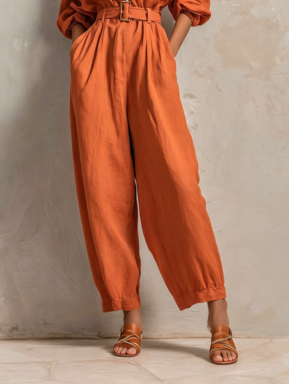 Women's Minimalist Cotton-Linen Jumpsuit With Belt — Wide-Leg Trousers And Mid-Length Sleeves
