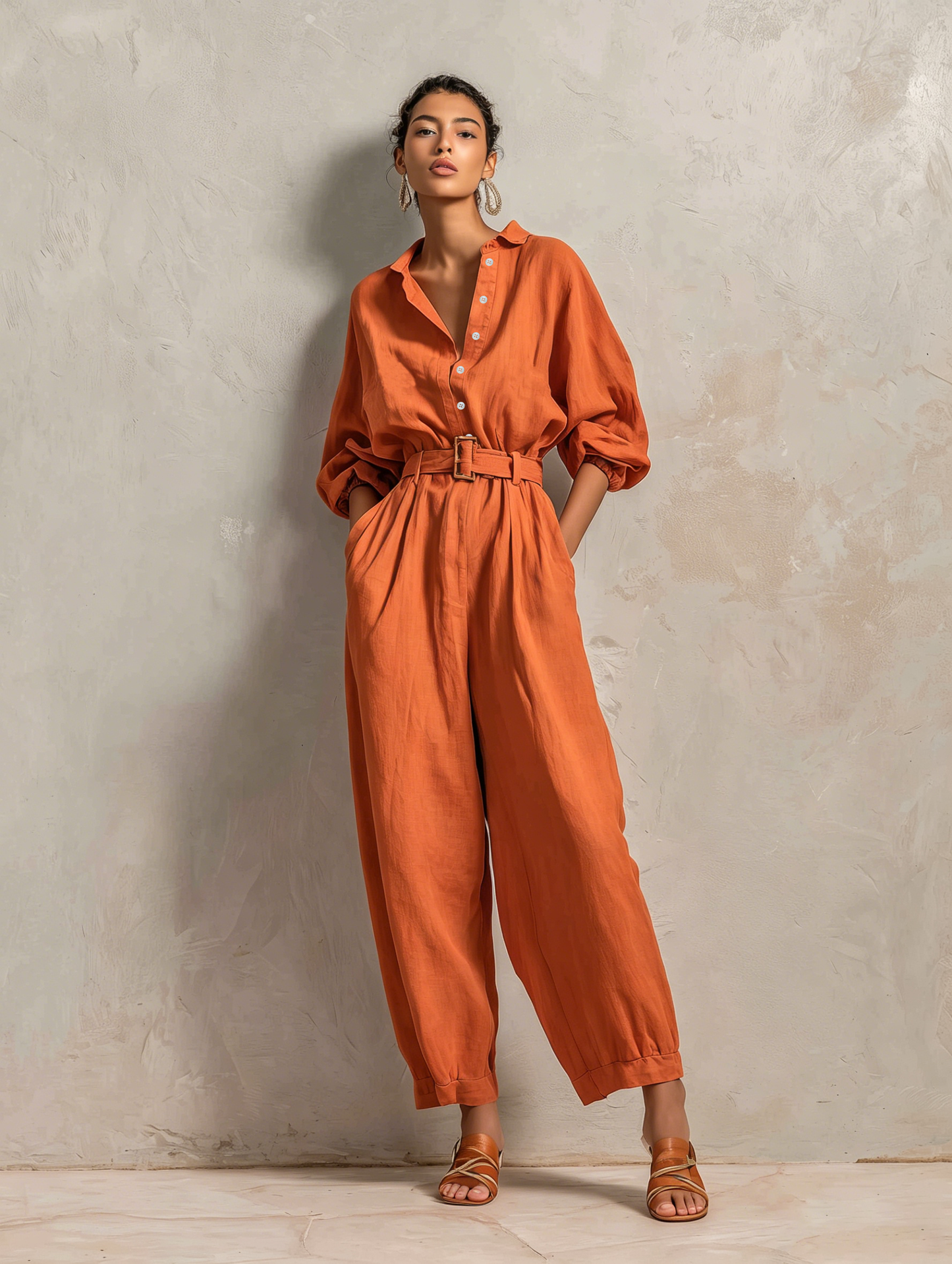 Women's Minimalist Cotton-Linen Jumpsuit With Belt — Wide-Leg Trousers And Mid-Length Sleeves