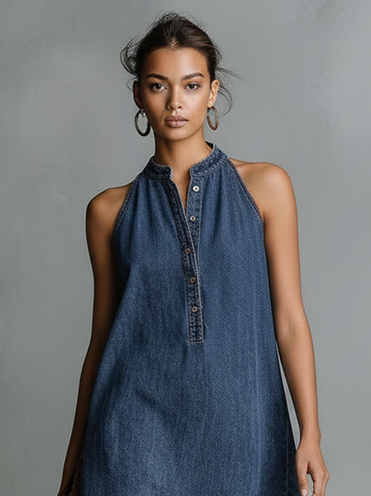 Women's Casual Denim Stand-Collar Button-Front Sleeveless Mini Dress