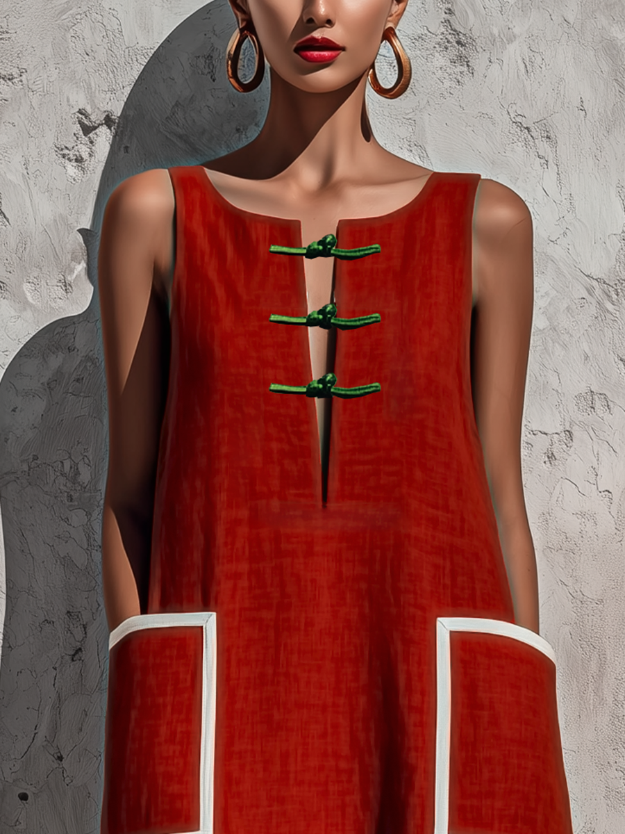 Women's Red Cotton-Linen Blend Sleeveless Midi Dress With Contrasting White Piping And Double Side Patch Pockets