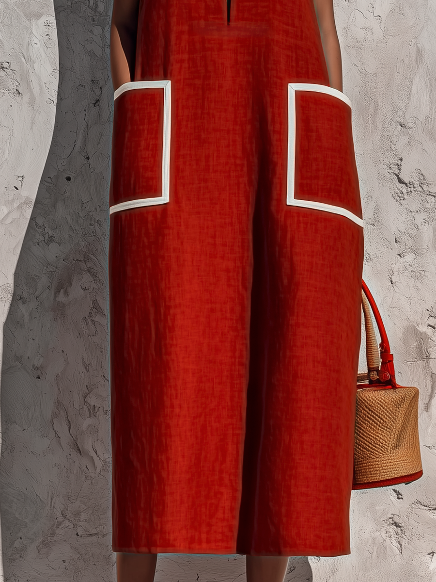 Women's Red Cotton-Linen Blend Sleeveless Midi Dress With Contrasting White Piping And Double Side Patch Pockets