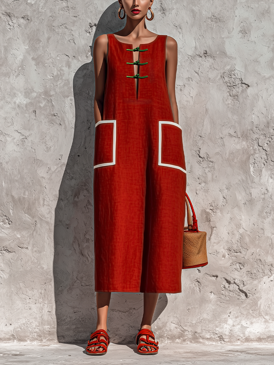 Women's Red Cotton-Linen Blend Sleeveless Midi Dress With Contrasting White Piping And Double Side Patch Pockets