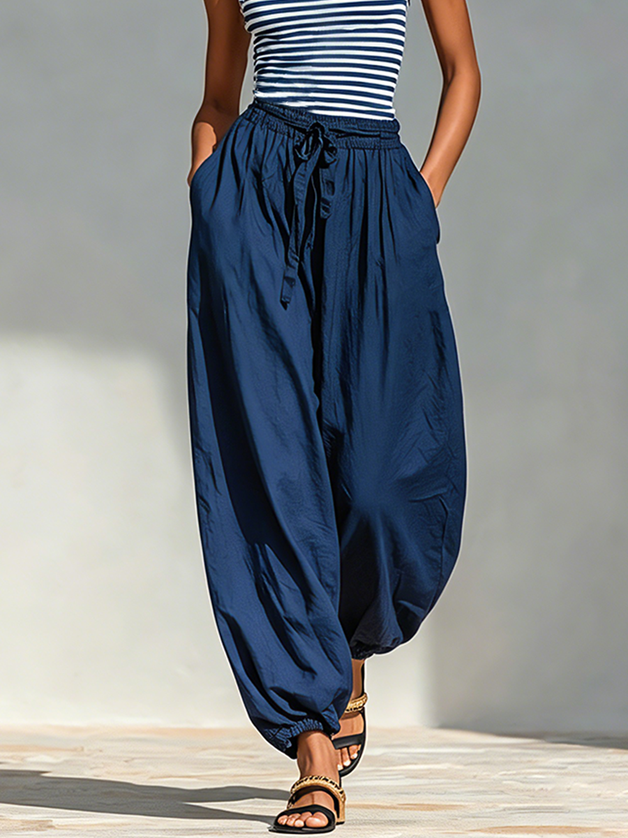 Women's Navy & White Striped Cotton-Blend Two-Piece Set With Square Neck Sling Top & Drawstring Harem Jogger Pants, Minimalist Casual Vacation Outfit