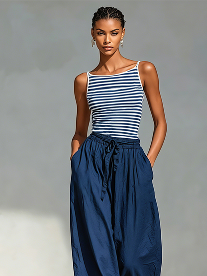 Women's Navy & White Striped Cotton-Blend Two-Piece Set With Square Neck Sling Top & Drawstring Harem Jogger Pants, Minimalist Casual Vacation Outfit