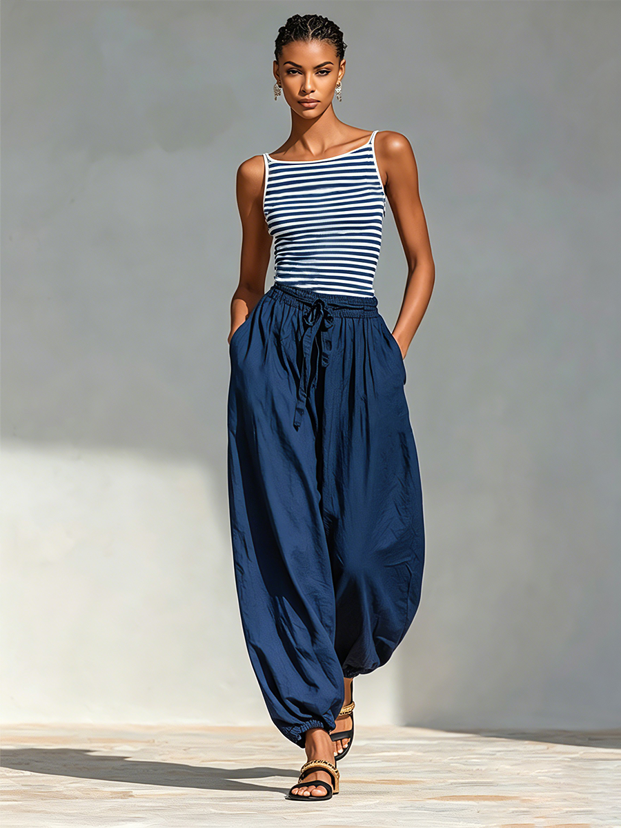 Women's Navy & White Striped Cotton-Blend Two-Piece Set With Square Neck Sling Top & Drawstring Harem Jogger Pants, Minimalist Casual Vacation Outfit