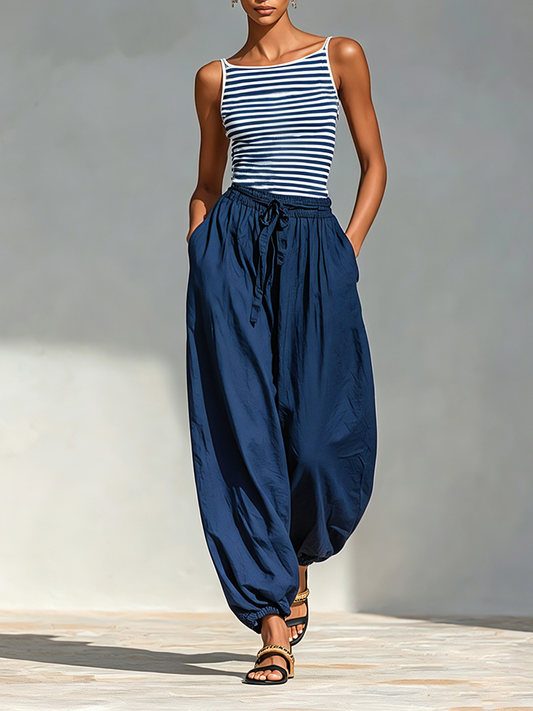 Women's Navy & White Striped Cotton-Blend Two-Piece Set With Square Neck Sling Top & Drawstring Harem Jogger Pants, Minimalist Casual Vacation Outfit