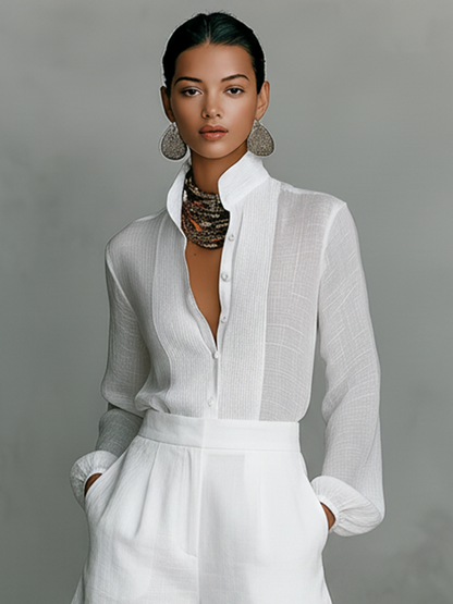 Women's Minimalist Linen-Blend Stand-Collar Single-Breasted Long-Sleeve Shirt And Shorts Set