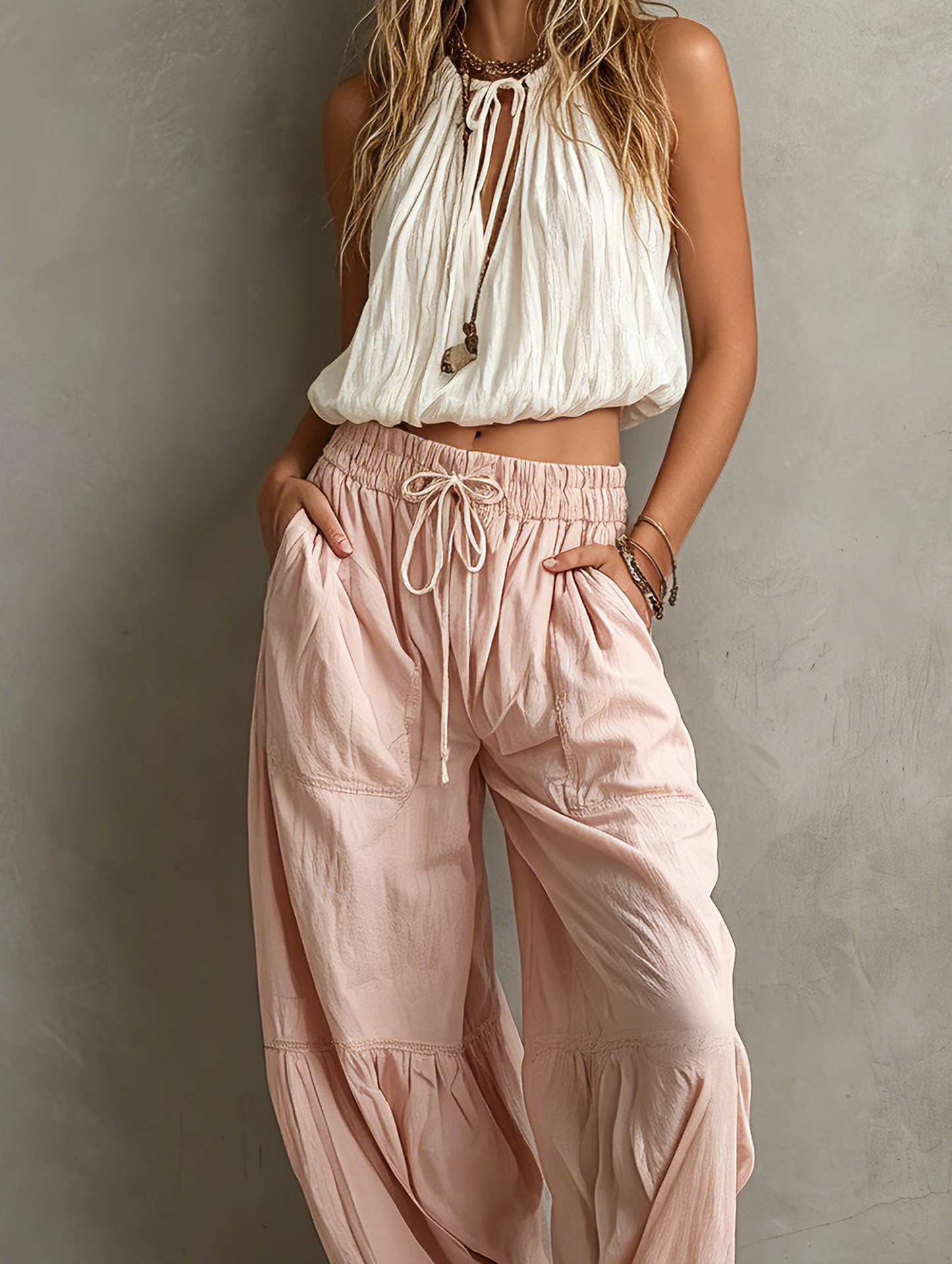 Women's Casual White Woven Sleeveless Round-neck Top Paired With Pink Woven Trousers