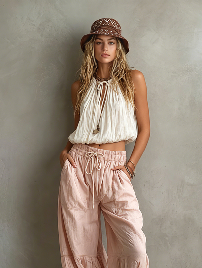 Women's Casual White Woven Sleeveless Round-neck Top Paired With Pink Woven Trousers