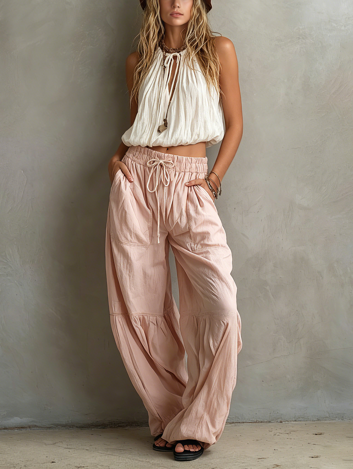 Women's Casual White Woven Sleeveless Round-neck Top Paired With Pink Woven Trousers