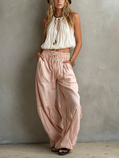 Women's Casual White Woven Sleeveless Round-neck Top Paired With Pink Woven Trousers