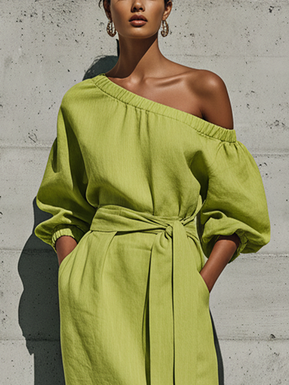 Women’s Lime Green Linen-Blend Off-The-Shoulder Puff Sleeve Tie Waist Midi Dress With Side Slit