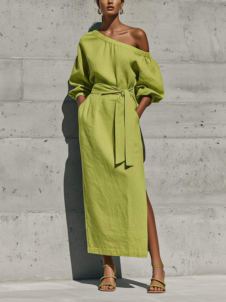 Women’s Lime Green Linen-Blend Off-The-Shoulder Puff Sleeve Tie Waist Midi Dress With Side Slit