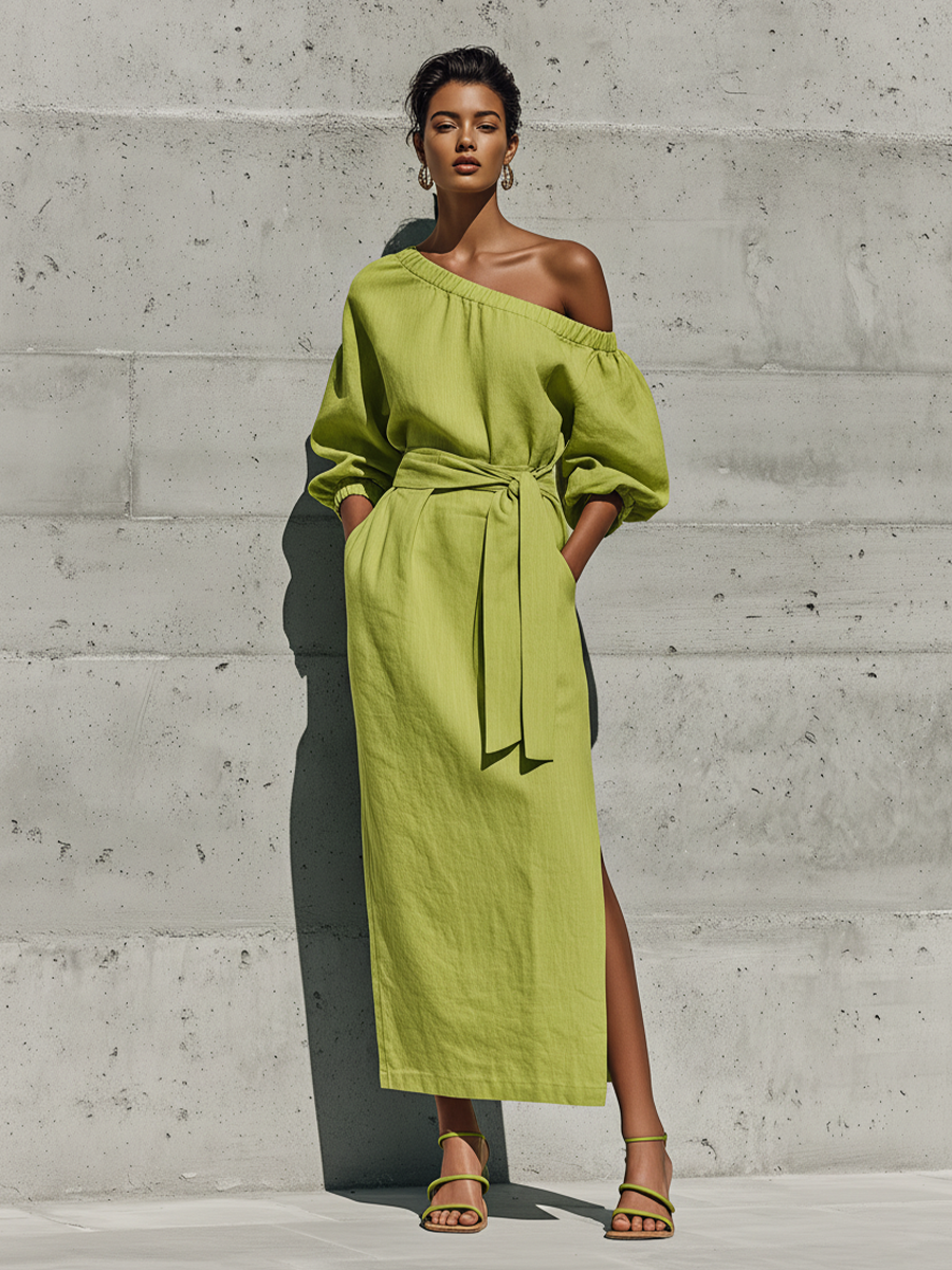 Women’s Lime Green Linen-Blend Off-The-Shoulder Puff Sleeve Tie Waist Midi Dress With Side Slit
