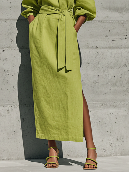 Women’s Lime Green Linen-Blend Off-The-Shoulder Puff Sleeve Tie Waist Midi Dress With Side Slit