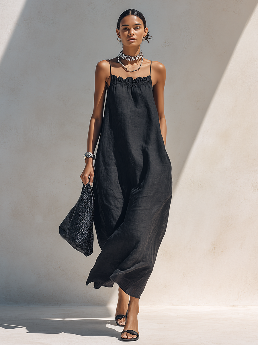 Women's Minimalist Solid Black Ruffle-Neck Maxi Dress With Spaghetti Straps