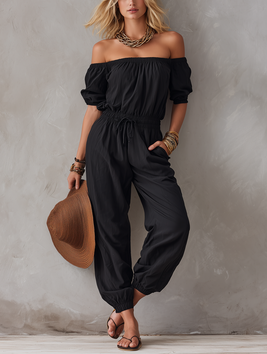 Women's Casual Black Woven Off-Shoulder Sleeveless Jumpsuit