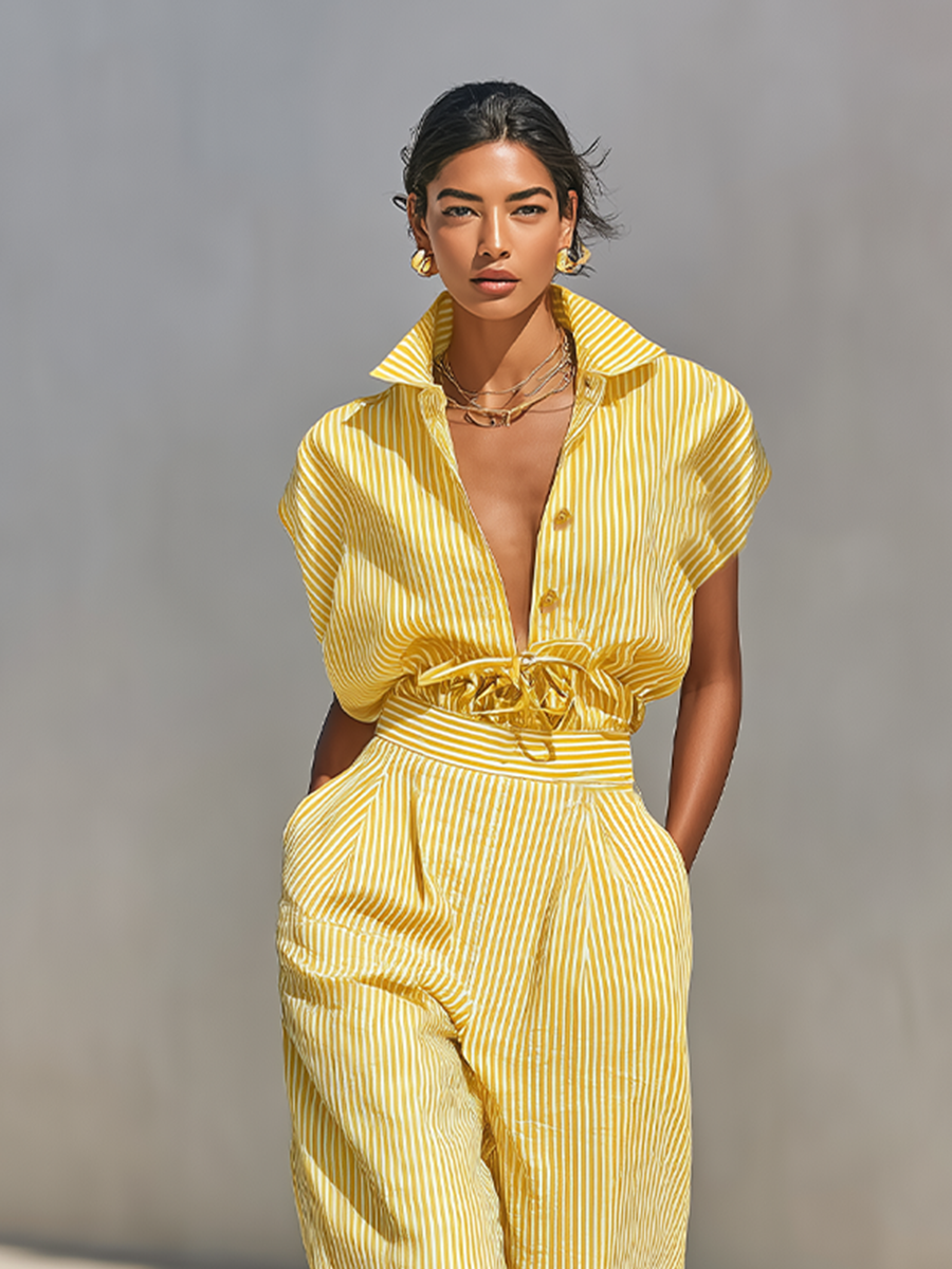 Women's Lemon Vertical Stripe Textured Co-Ord With Front Button Blouse & Side Pocket Tapered Trousers, Effortless-Chic Beach Casual Outfit