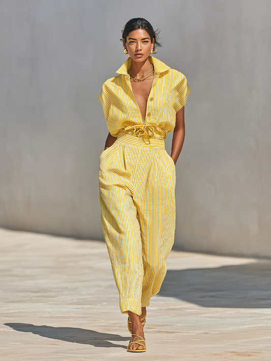 Women's Lemon Vertical Stripe Textured Co-Ord With Front Button Blouse & Side Pocket Tapered Trousers, Effortless-Chic Beach Casual Outfit