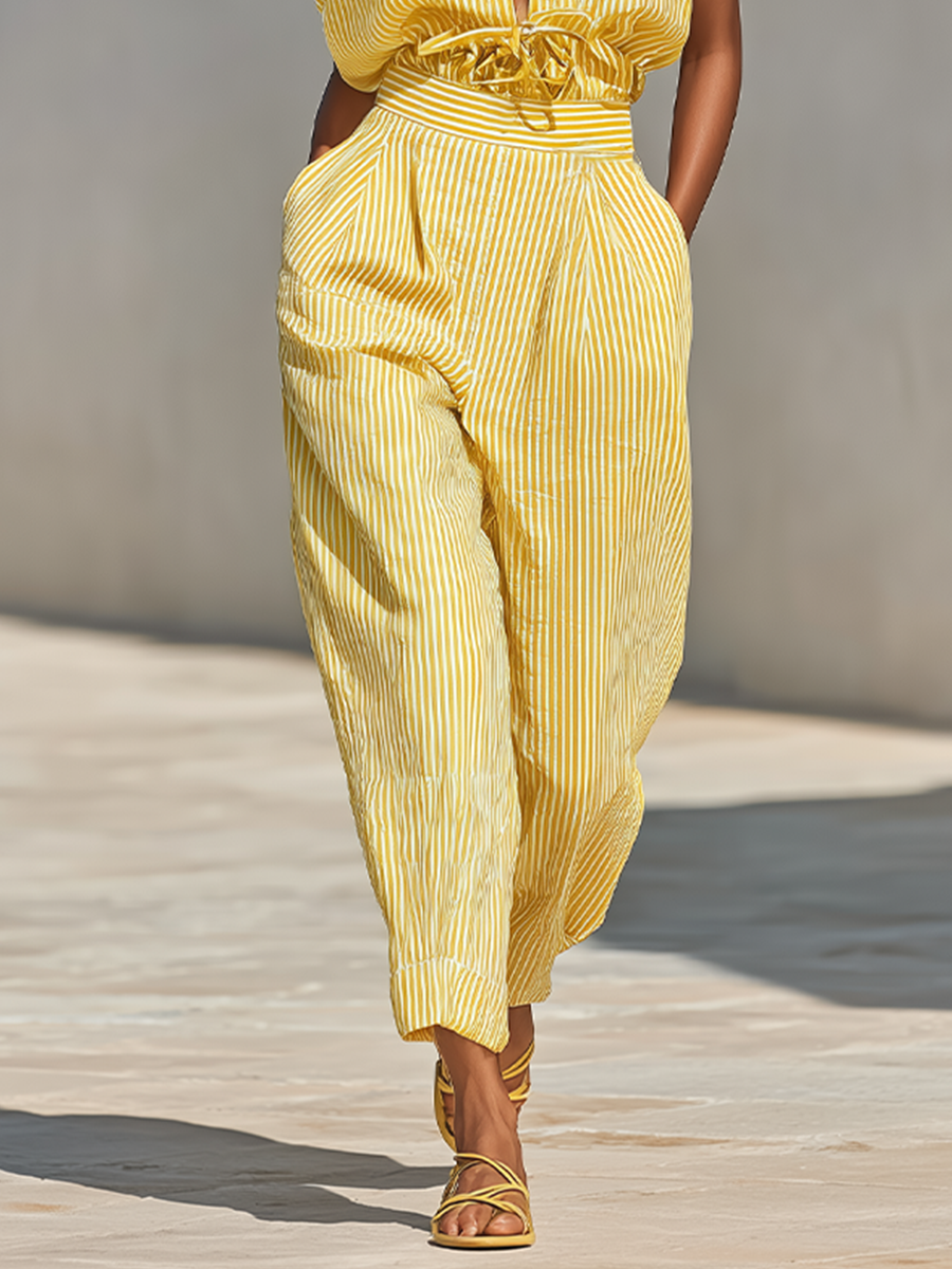 Women's Lemon Vertical Stripe Textured Co-Ord With Front Button Blouse & Side Pocket Tapered Trousers, Effortless-Chic Beach Casual Outfit