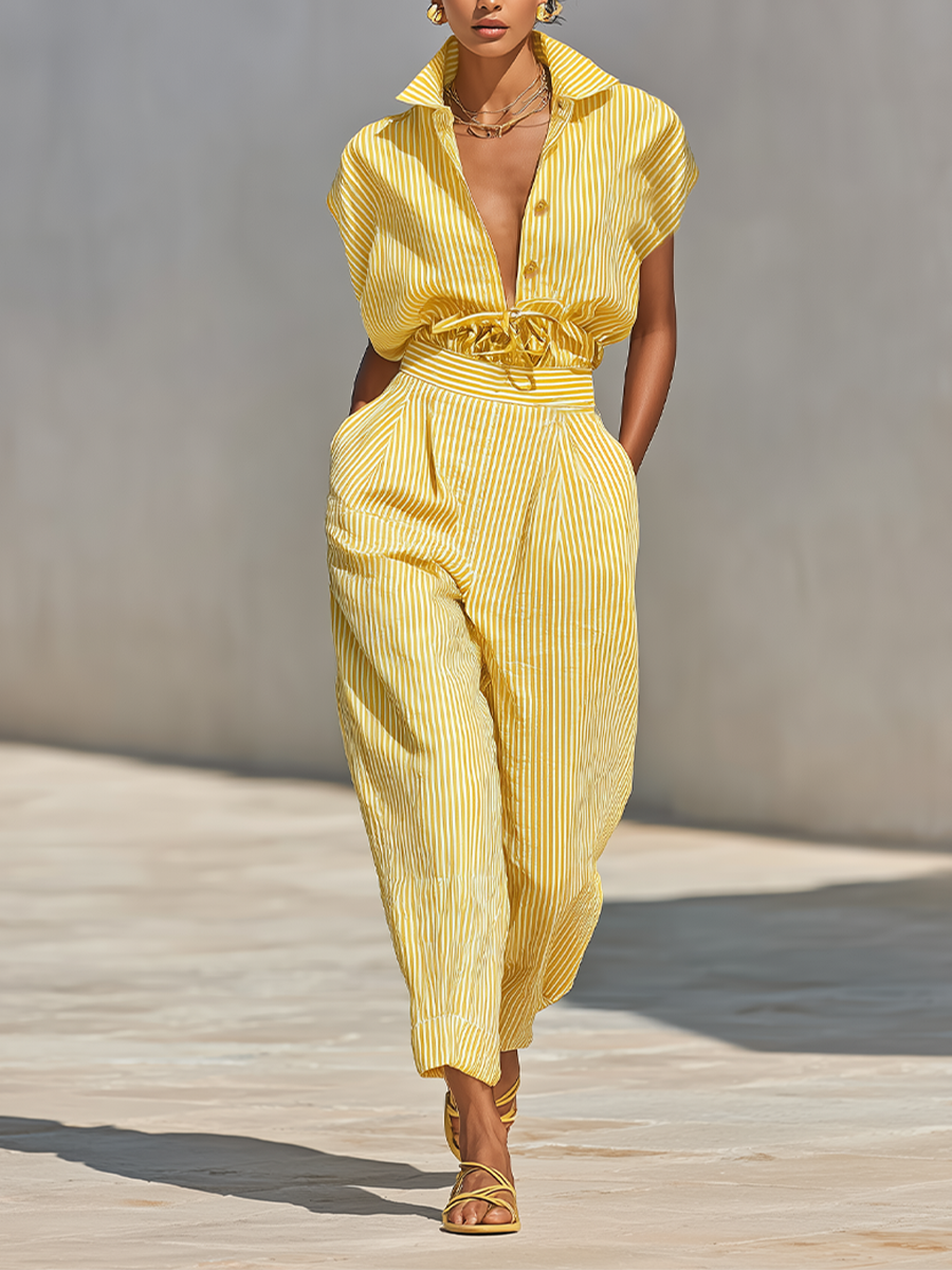 Women's Lemon Vertical Stripe Textured Co-Ord With Front Button Blouse & Side Pocket Tapered Trousers, Effortless-Chic Beach Casual Outfit