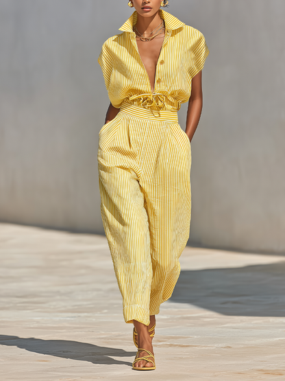 Women's Lemon Vertical Stripe Textured Co-Ord With Front Button Blouse & Side Pocket Tapered Trousers, Effortless-Chic Beach Casual Outfit