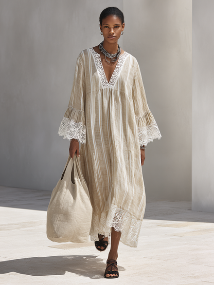 Women's Minimalist Beige Vertical-Stripe Maxi Dress With White Lace Trim And Flared Long Sleeves