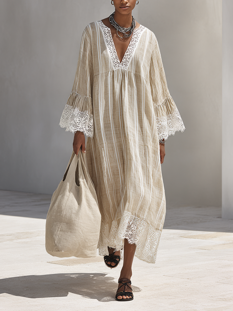 Women's Minimalist Beige Vertical-Stripe Maxi Dress With White Lace Trim And Flared Long Sleeves