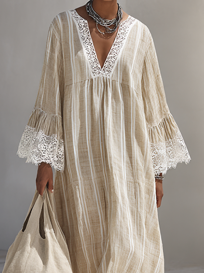 Women's Minimalist Beige Vertical-Stripe Maxi Dress With White Lace Trim And Flared Long Sleeves