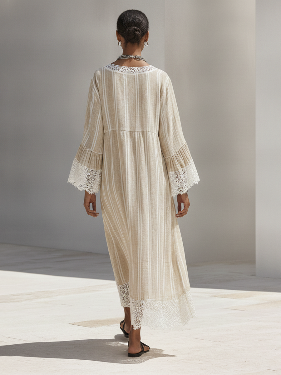 Women's Minimalist Beige Vertical-Stripe Maxi Dress With White Lace Trim And Flared Long Sleeves