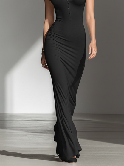 Women's Solid Black Soft Jersey Floor Dress With V Neck Henley Buttons & Figure-Hugging Silhouette, Modern Minimalist Casual Formal Maxi Dress