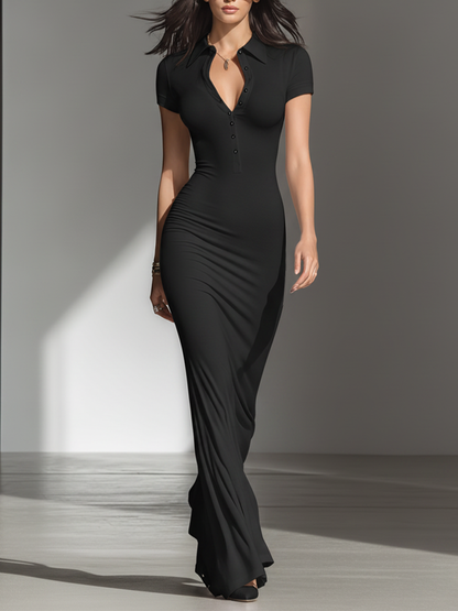 Women's Solid Black Soft Jersey Floor Dress With V Neck Henley Buttons & Figure-Hugging Silhouette, Modern Minimalist Casual Formal Maxi Dress
