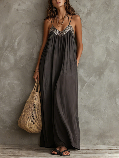 Women's Casual Dark Grey Woven V-neck Maxi Dress Featuring Sequined Camisole-style Splicing