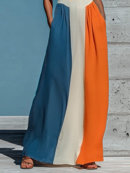 Women’s Orange White Blue Color Block Halter Keyhole Strapless Smocked Bodice Pleated Maxi Dress
