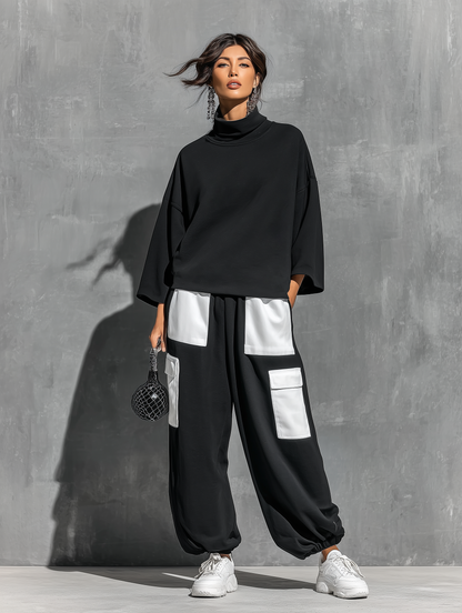 Women’s Black Cotton Knit Oversized High Neck 3/4 Sleeve Sweatshirt & Elastic Cuff Color Block White Patch Pocket Jogger Cargo Pants Two Piece Tracksuit Set