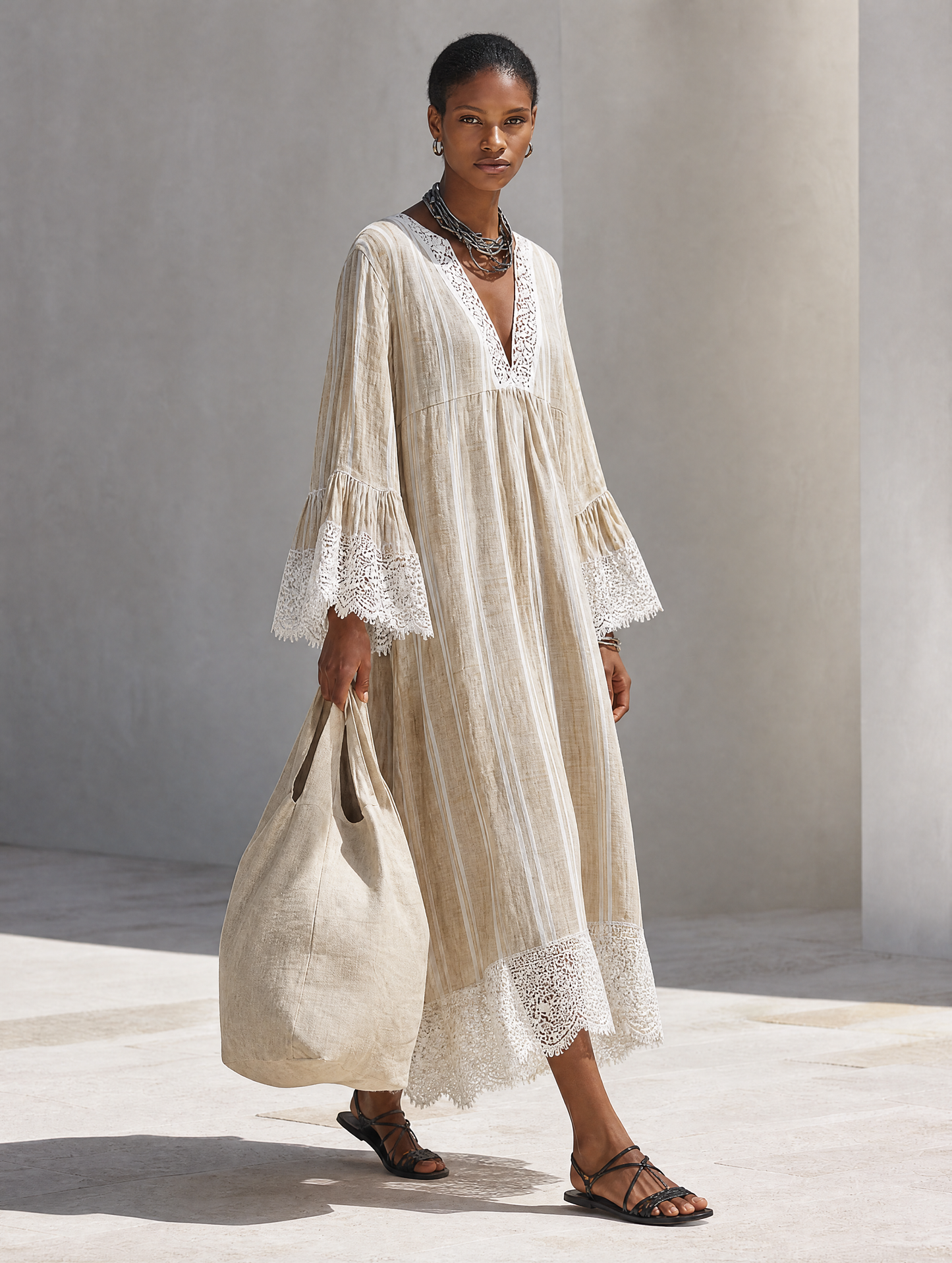 Women's Minimalist Beige Vertical-Stripe Maxi Dress With White Lace Trim And Flared Long Sleeves