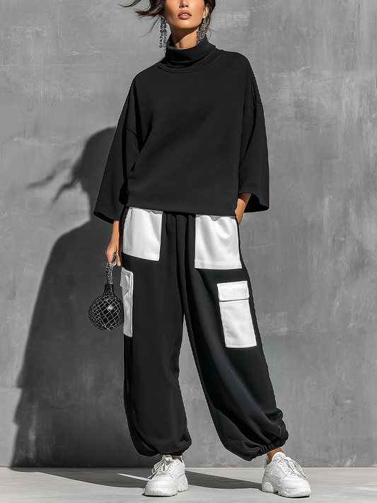 Women’s Black Cotton Knit Oversized High Neck 3/4 Sleeve Sweatshirt & Elastic Cuff Color Block White Patch Pocket Jogger Cargo Pants Two Piece Tracksuit Set