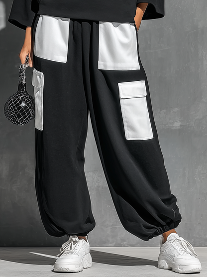 Women’s Black Cotton Knit Oversized High Neck 3/4 Sleeve Sweatshirt & Elastic Cuff Color Block White Patch Pocket Jogger Cargo Pants Two Piece Tracksuit Set