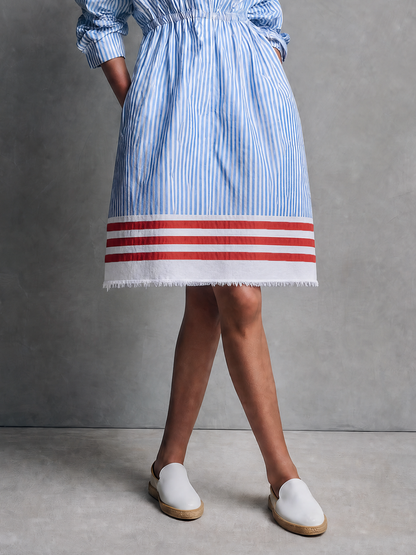 Women's Minimalist Striped Single-Breasted Long-Sleeve Midi Dress With Elastic Waist And Raw Hem