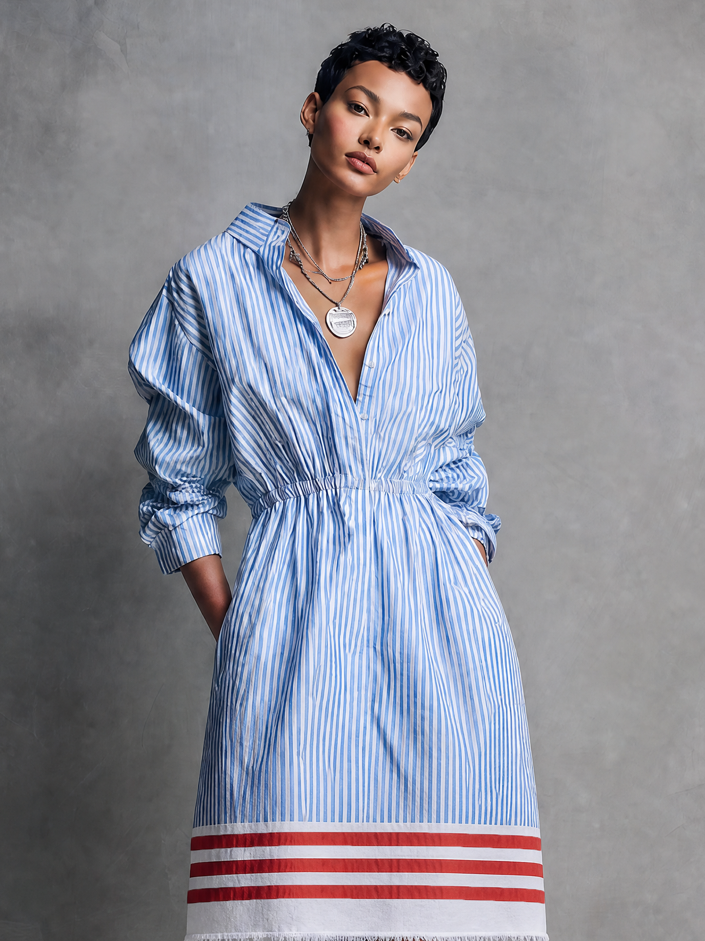 Women's Minimalist Striped Single-Breasted Long-Sleeve Midi Dress With Elastic Waist And Raw Hem