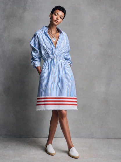 Women's Minimalist Striped Single-Breasted Long-Sleeve Midi Dress With Elastic Waist And Raw Hem