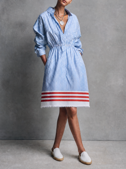 Women's Minimalist Striped Single-Breasted Long-Sleeve Midi Dress With Elastic Waist And Raw Hem