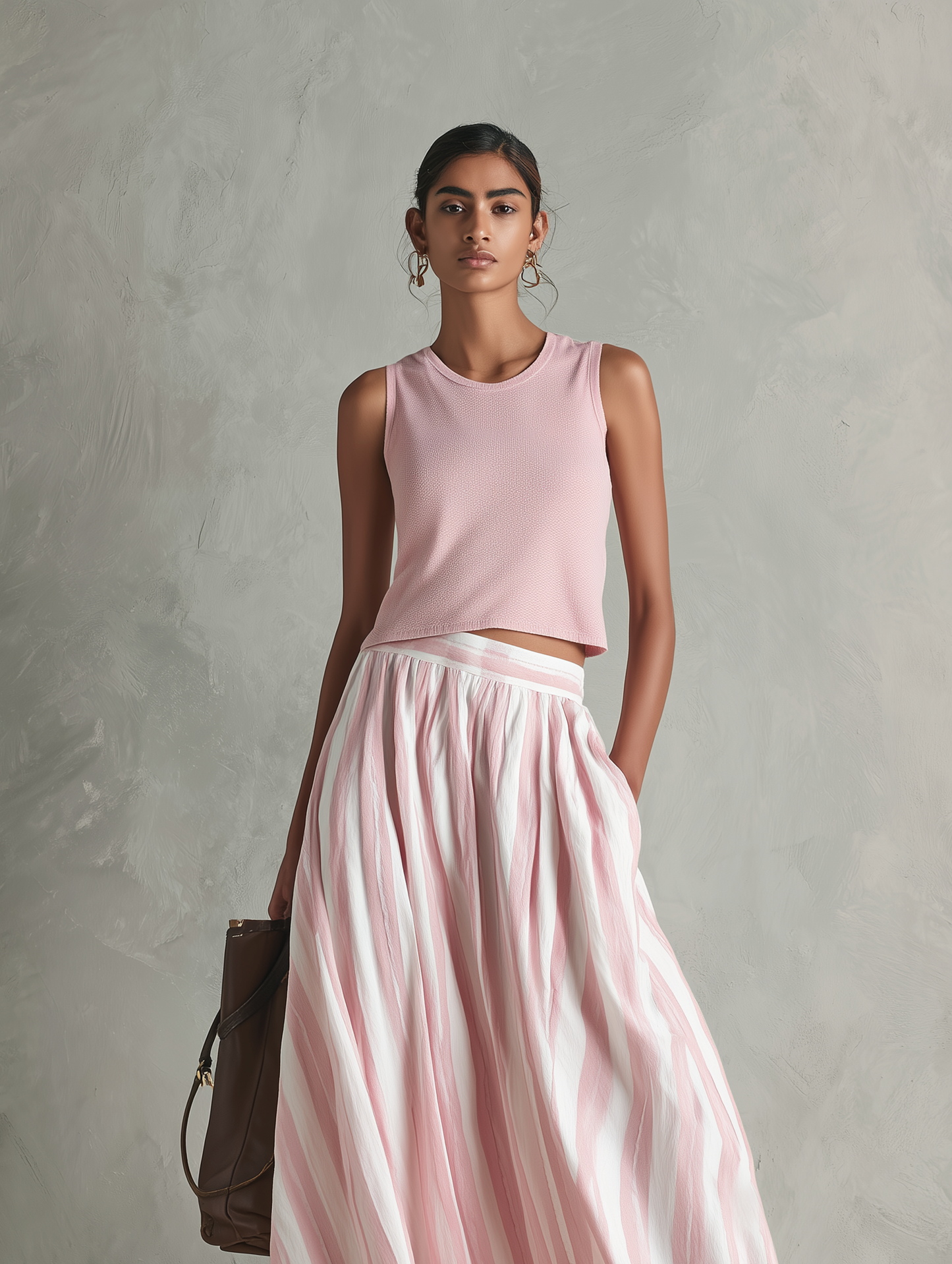 Women's Casual Pink Stretch-knit Sleeveless Round-neck Top Paired With A Woven Pink Printed Maxi Skirt