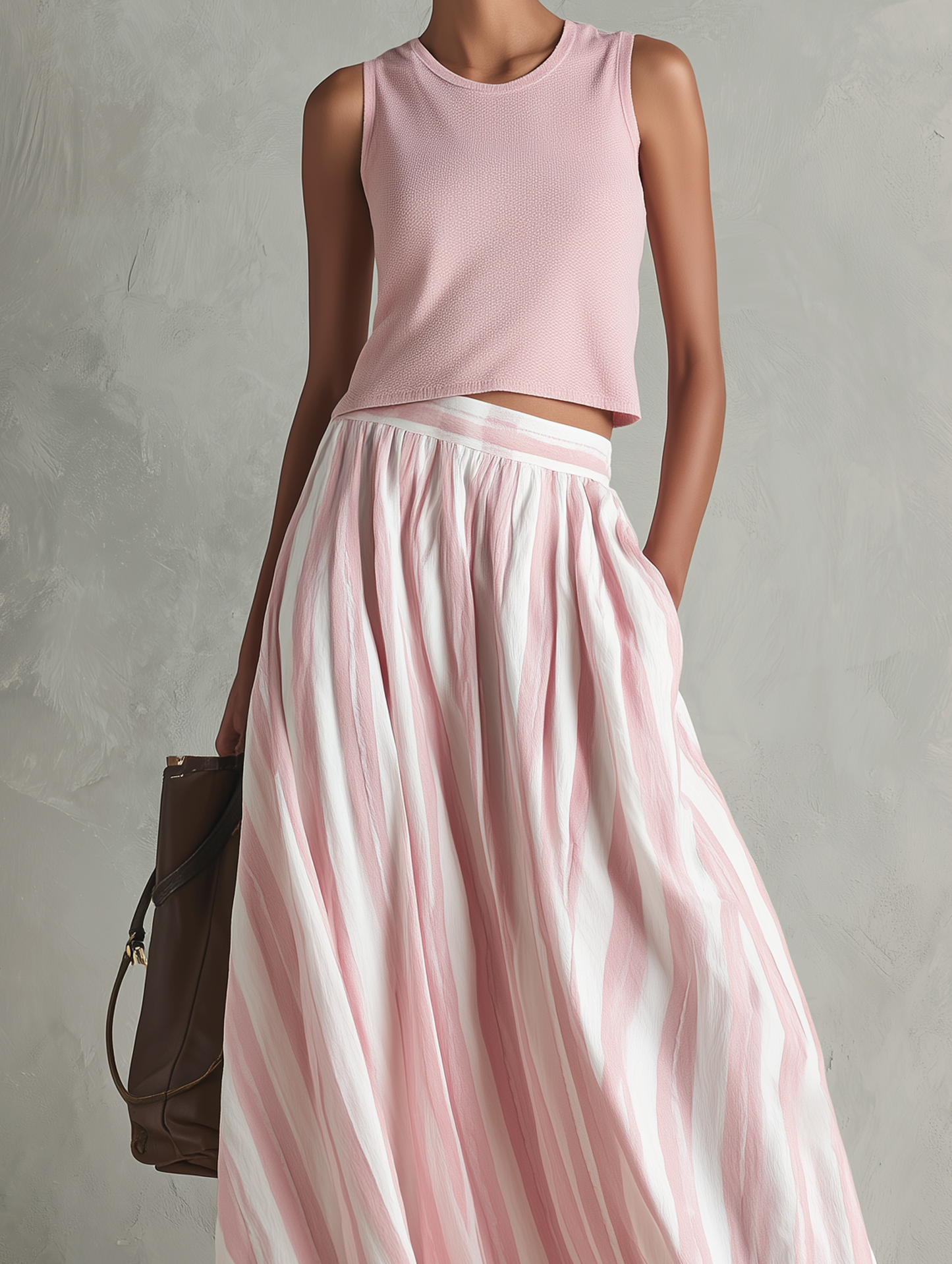 Women's Casual Pink Stretch-knit Sleeveless Round-neck Top Paired With A Woven Pink Printed Maxi Skirt