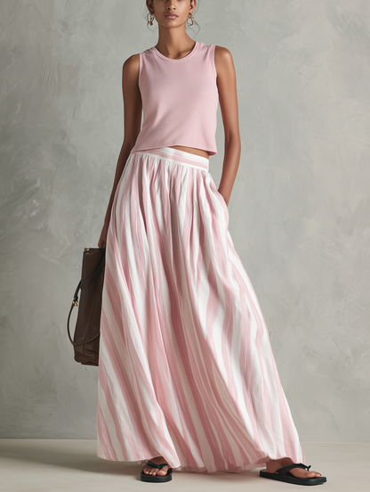 Women's Casual Pink Stretch-knit Sleeveless Round-neck Top Paired With A Woven Pink Printed Maxi Skirt