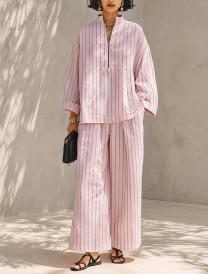 Women's Minimalist Half-Zip Long-Sleeve Top & Wide-Leg Pants Set