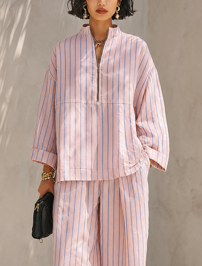 Women's Minimalist Half-Zip Long-Sleeve Top & Wide-Leg Pants Set