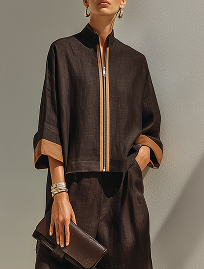 Women's Dark‑Brown Linen Fabric Stand‑Collared Zip‑Up Crop Top & Wide‑Leg Pants Set