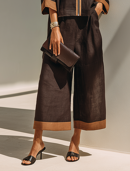 Women's Dark‑Brown Linen Fabric Stand‑Collared Zip‑Up Crop Top & Wide‑Leg Pants Set